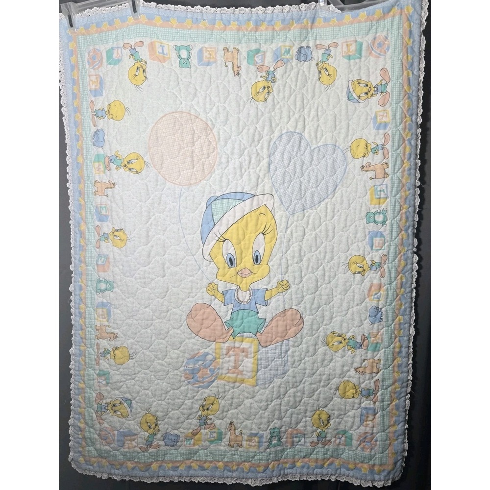 Vintage Tweedy Quilted Baby Blanket Lace Trim 1988  34in X 45in